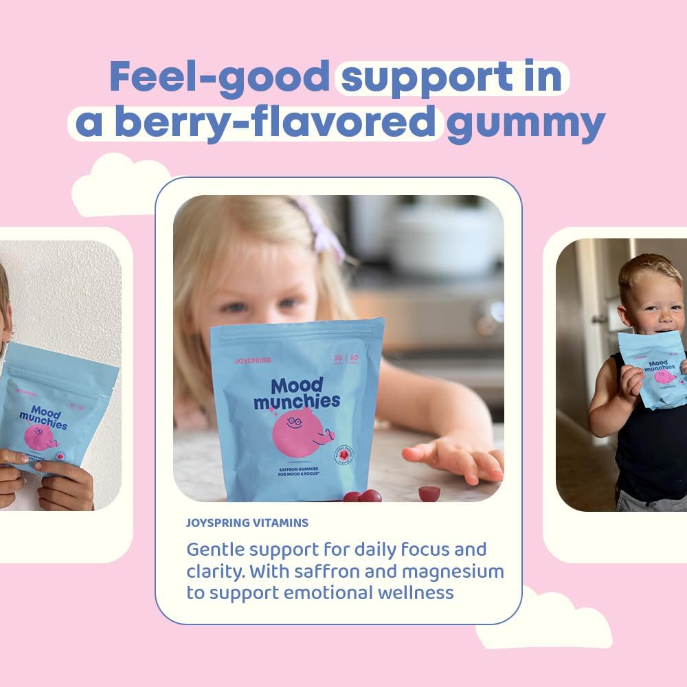 JoySpring Mood Munchies Saffron Gummies for Kids 4+ | Saffron Extract with GABA, Passion Flower & St Johns Wort | Sugar Free Vegan Brain Support & Kids Focus Gummies | Crafted in USA | Shapes May Vary