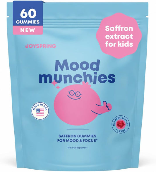 JoySpring Mood Munchies Saffron Gummies for Kids 4+ | Saffron Extract with GABA, Passion Flower & St Johns Wort | Sugar Free Vegan Brain Support & Kids Focus Gummies | Crafted in USA | Shapes May Vary