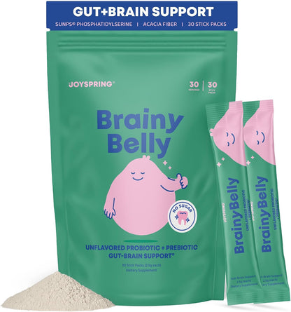 JoySpring BrainyBelly Kids Probiotic, Brain & Gut Support, Unflavored | SunPS phosphatidylserine + 2 probiotic strains. Sugar-free, dye-free, vegan powder stick. Stir into any drink. 30 ct, ages 4+