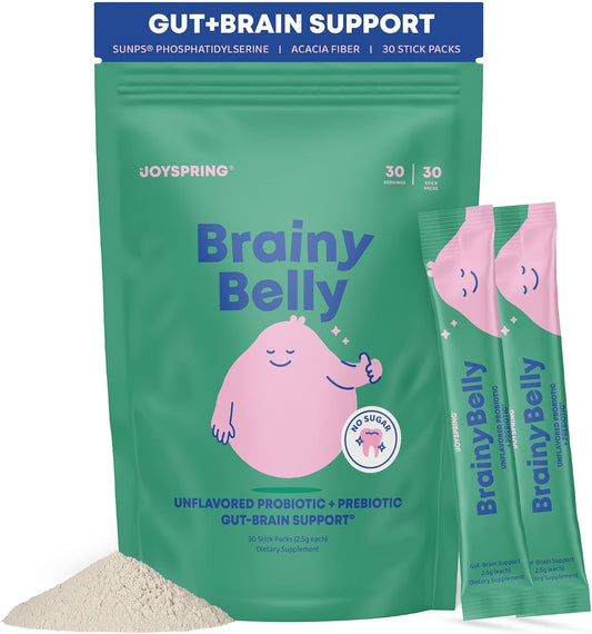 JoySpring BrainyBelly Kids Probiotic, Brain & Gut Support, Unflavored | SunPS phosphatidylserine + 2 probiotic strains. Sugar-free, dye-free, vegan powder stick. Stir into any drink. 30 ct, ages 4+