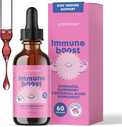JoySpring Immune Drops – Kids Immune Support Supplement with Elderberry Extract, Echinacea, Oregon Grape Root & Orange Peel Liquid for Ages 3–16+ Years & Adults | 2 fl oz (60 Servings)