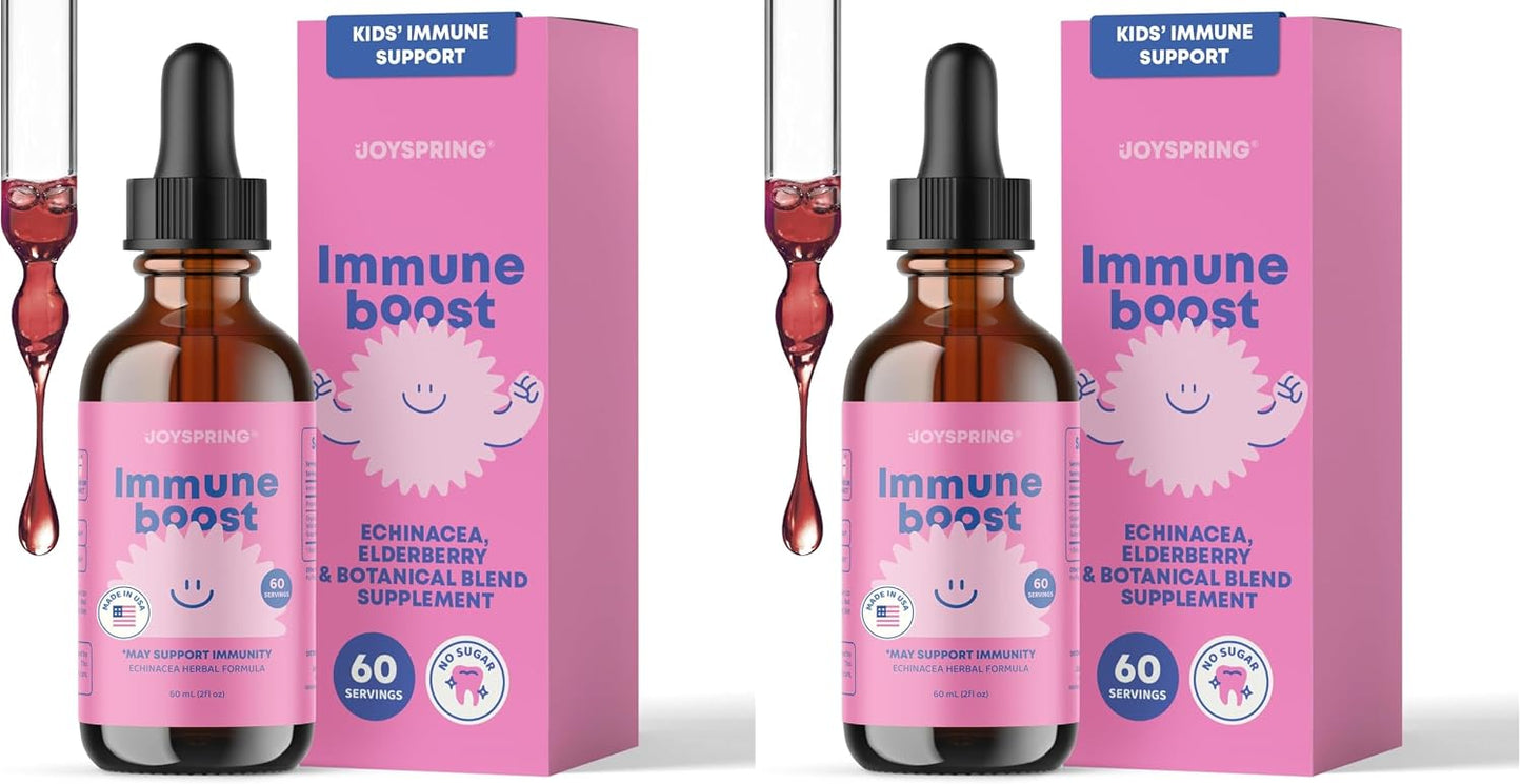JoySpring Immune Drops – Kids Immune Support Supplement with Elderberry Extract, Echinacea, Oregon Grape Root & Orange Peel Liquid for Ages 3–16+ Years & Adults | 2 fl oz (60 Servings)