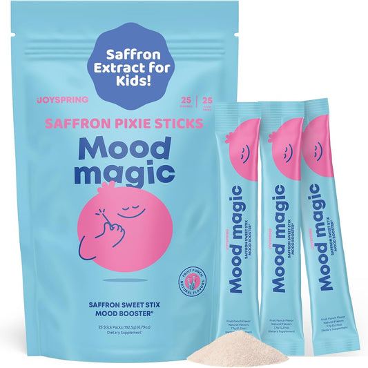JoySpring Mood Magic for Kids – Natural Mood Support Pixie Sticks Candy with Saffron Extract, Magnesium Citrate & Vitamin D3 | Sugar-Free Powder Drink or Candy | 25 Servings | 4+ Years