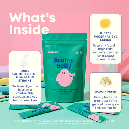 JoySpring BrainyBelly Kids Probiotic, Brain & Gut Support, Unflavored | SunPS phosphatidylserine + 2 probiotic strains. Sugar-free, dye-free, vegan powder stick. Stir into any drink. 30 ct, ages 4+