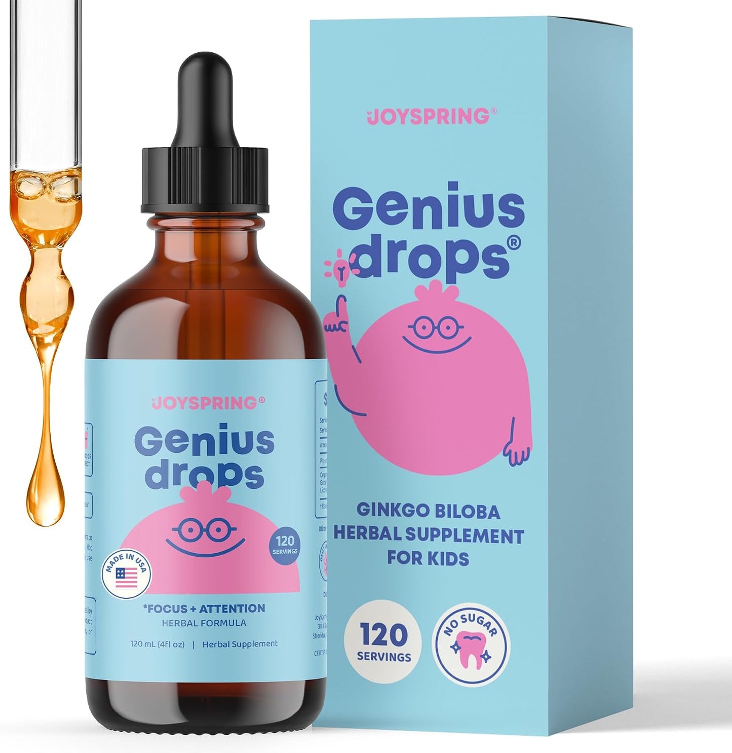 JoySpring Genius Drops for Kids | Clinically Proven Focus Supplement | Liquid Herbal Focus Supplement with Ginkgo Biloba for Kids (1 fl oz) 30 Servings