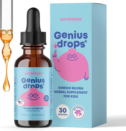 JoySpring Genius Drops for Kids | Clinically Proven Focus Supplement | Liquid Herbal Focus Supplement with Ginkgo Biloba for Kids (1 fl oz) 30 Servings