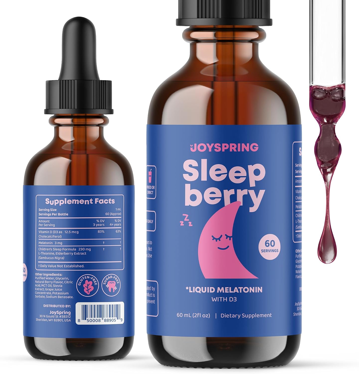 JoySpring Sleepberry Kids Melatonin 3 mg – Liquid Sleep Aid with L Theanine, High Absorption Berry Drops (2 fl oz) 60 Servings, Children's Melatonin with Vitamin D Kids Travel Essentials