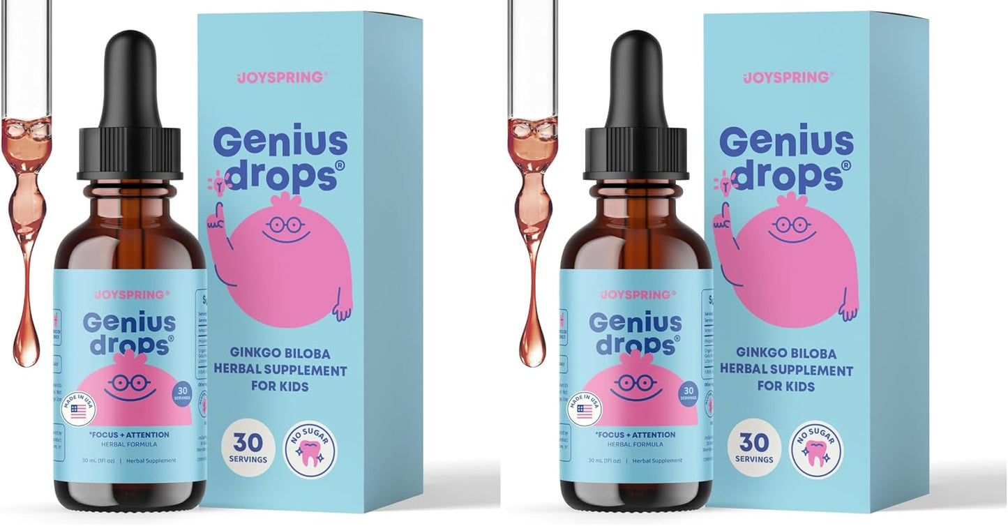 JoySpring Genius Drops for Kids | Clinically Proven Focus Supplement | Liquid Herbal Focus Supplement with Ginkgo Biloba for Kids (1 fl oz) 30 Servings