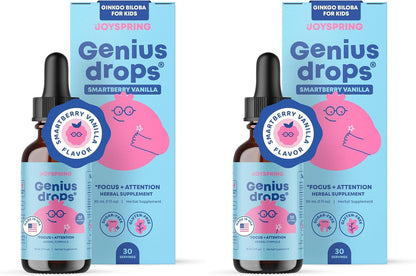 JoySpring Genius Drops for Kids | Clinically Proven Focus Supplement | Liquid Herbal Focus Supplement with Ginkgo Biloba for Kids (1 fl oz) 30 Servings