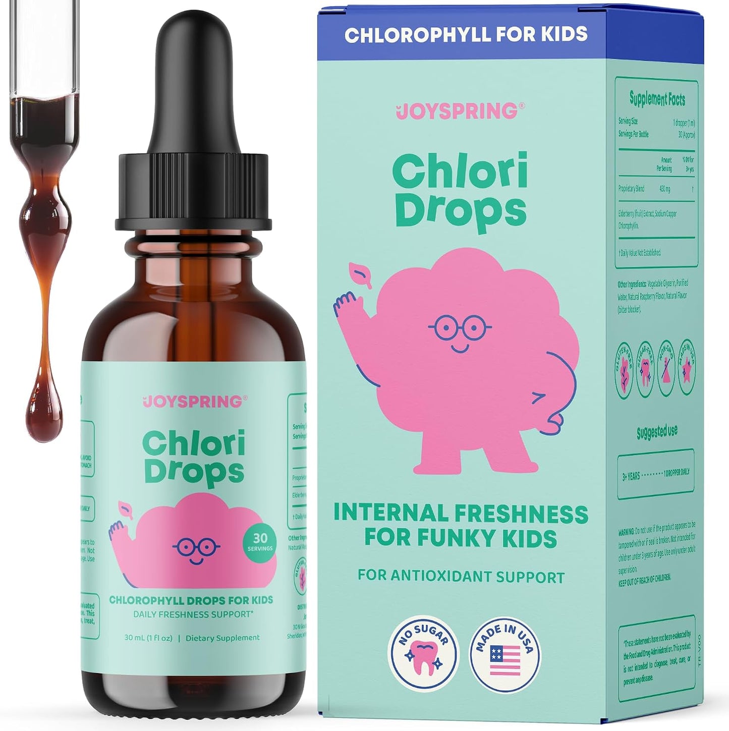 JoySpring Liquid Chlorophyll Drops for Kids | Super Greens for Kids Infused with Elderberry & Chlorophyll for Bad Breath | Sugar Free Body Deodorizing Supplement (1 fl oz, Berry Flavor, 30 Servings)