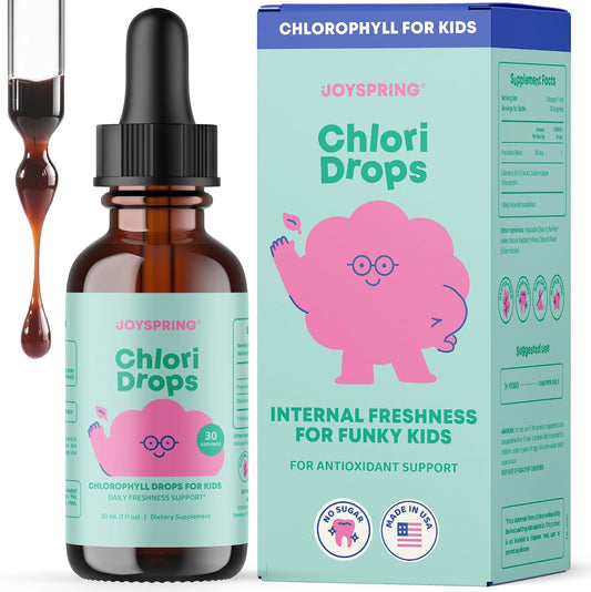 JoySpring Liquid Chlorophyll Drops for Kids | Super Greens for Kids Infused with Elderberry & Chlorophyll for Bad Breath | Sugar Free Body Deodorizing Supplement (1 fl oz, Berry Flavor, 30 Servings)