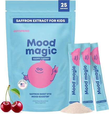 JoySpring Mood Magic for Kids – Natural Mood Support Pixie Sticks Candy with Saffron Extract, Magnesium Citrate & Vitamin D3 | Sugar-Free Powder Drink or Candy | 25 Servings | 4+ Years