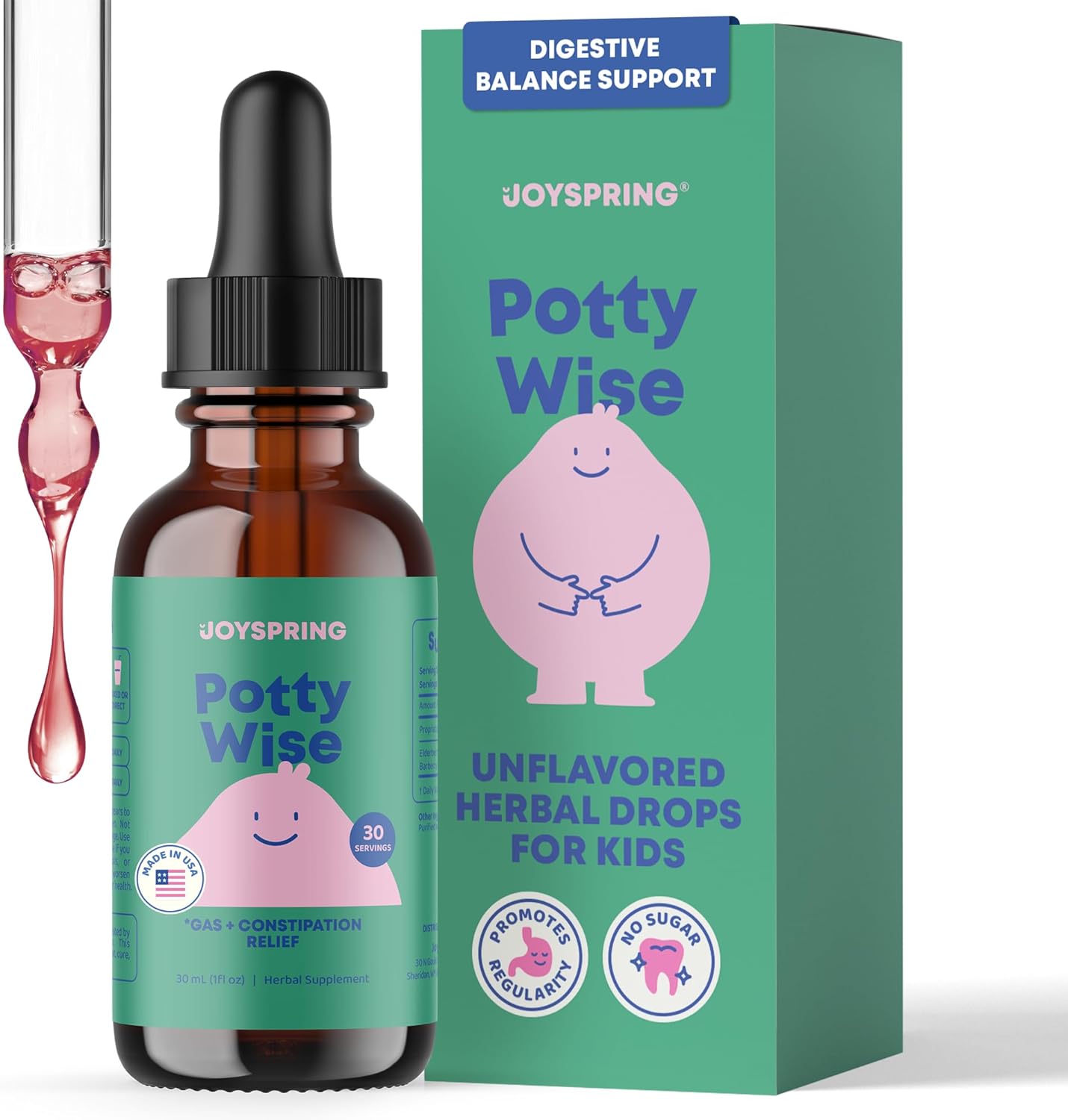 JoySpring Potty Wise Drops – Natural Constipation Relief for Kids & Toddlers – Elderberry, Licorice Root Extract, Fennel Seed & Senna – Sugar-Free Vegan Liquid Blend Supplement (1 fl oz) 30 Servings