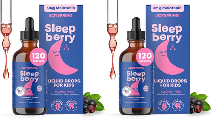 JoySpring Sleepberry Kids Melatonin 3 mg – Liquid Sleep Aid with L Theanine, High Absorption Berry Drops (2 fl oz) 60 Servings, Children's Melatonin with Vitamin D Kids Travel Essentials