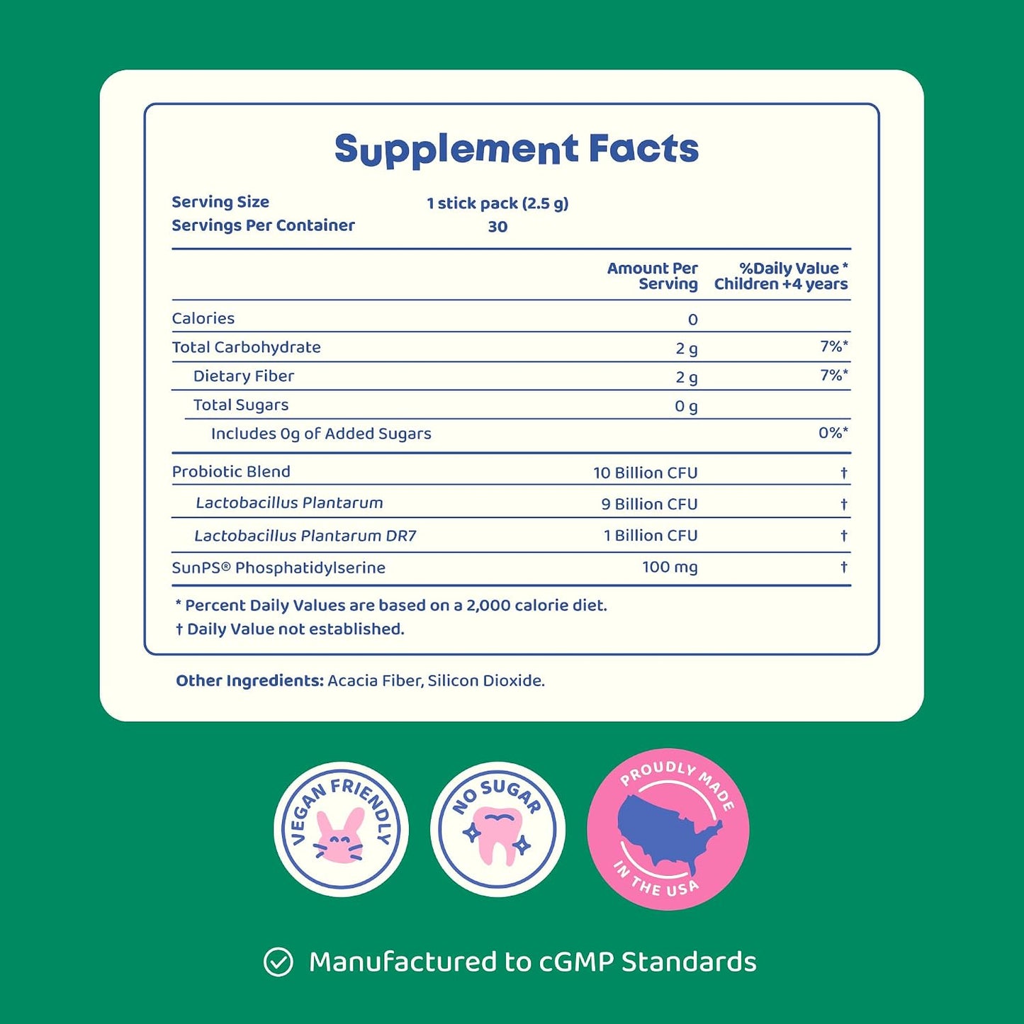JoySpring BrainyBelly Kids Probiotic, Brain & Gut Support, Unflavored | SunPS phosphatidylserine + 2 probiotic strains. Sugar-free, dye-free, vegan powder stick. Stir into any drink. 30 ct, ages 4+