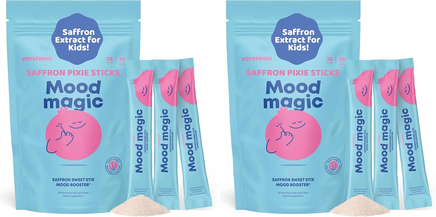 JoySpring Mood Magic for Kids – Natural Mood Support Pixie Sticks Candy with Saffron Extract, Magnesium Citrate & Vitamin D3 | Sugar-Free Powder Drink or Candy | 25 Servings | 4+ Years