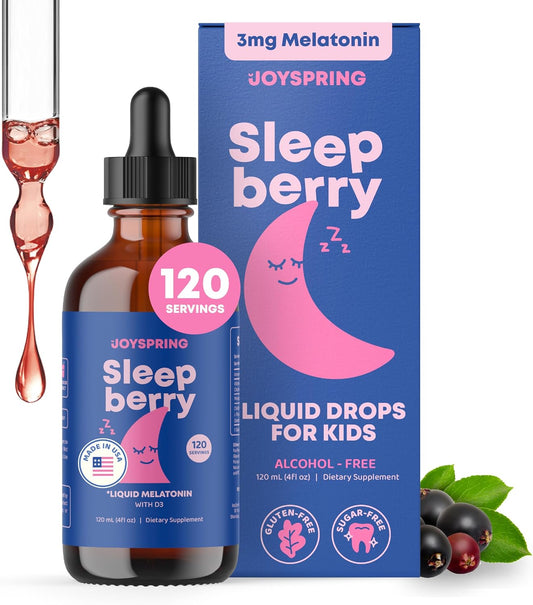 JoySpring Sleepberry Kids Melatonin 3 mg – Liquid Sleep Aid with L Theanine, High Absorption Berry Drops (2 fl oz) 60 Servings, Children's Melatonin with Vitamin D Kids Travel Essentials