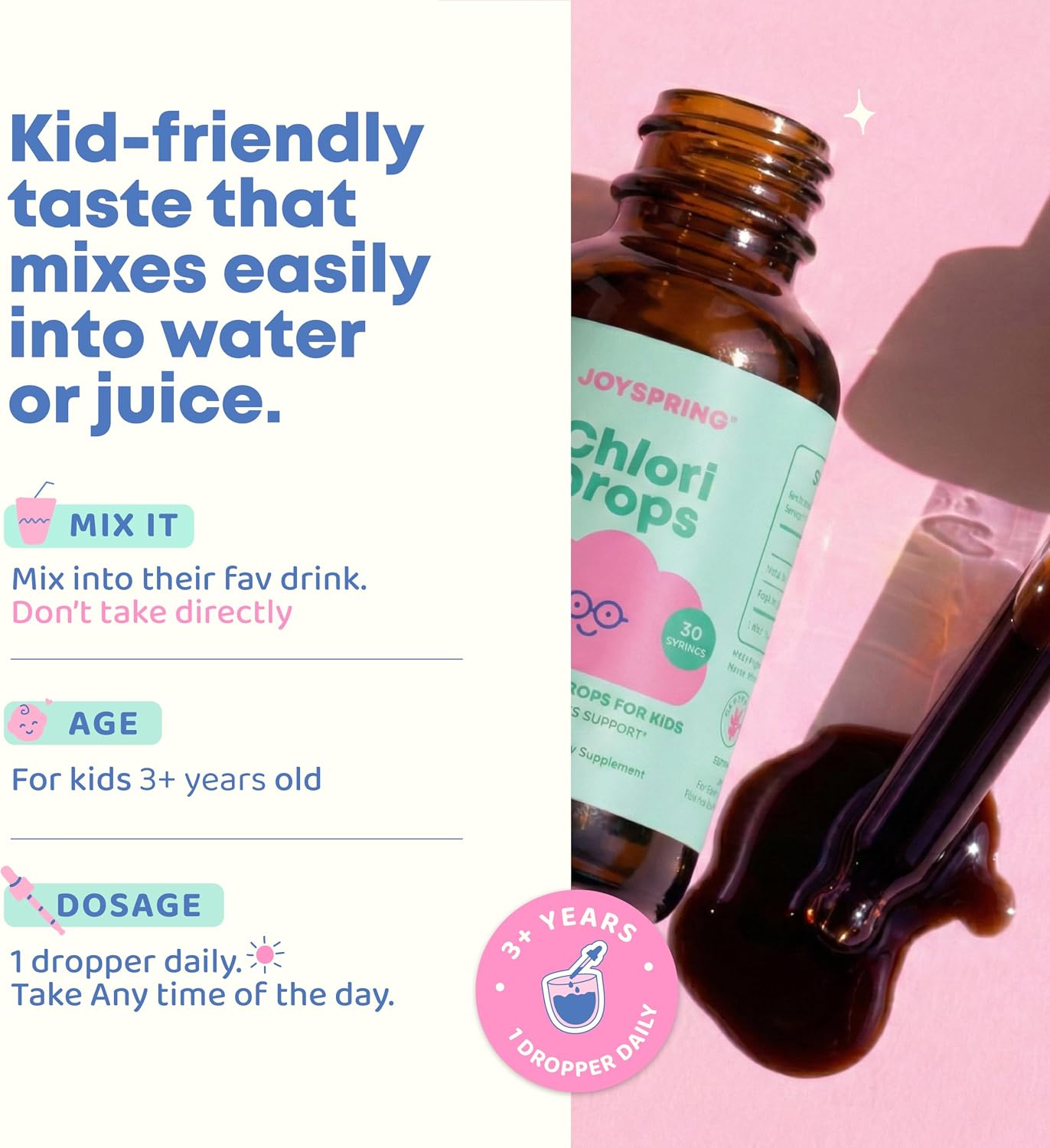 JoySpring Liquid Chlorophyll Drops for Kids | Super Greens for Kids Infused with Elderberry & Chlorophyll for Bad Breath | Sugar Free Body Deodorizing Supplement (1 fl oz, Berry Flavor, 30 Servings)