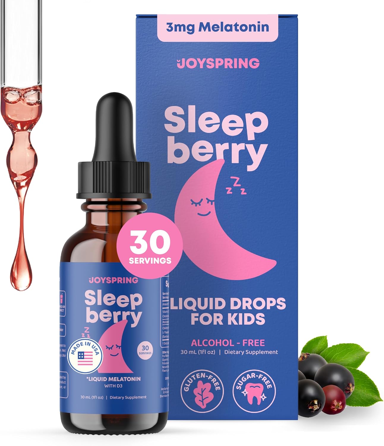 JoySpring Sleepberry Kids Melatonin 3 mg – Liquid Sleep Aid with L Theanine, High Absorption Berry Drops (2 fl oz) 60 Servings, Children's Melatonin with Vitamin D Kids Travel Essentials